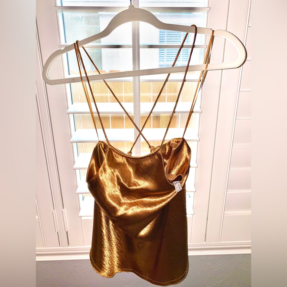 Vintage retired Free People bronze satin cross-cross-back tank
